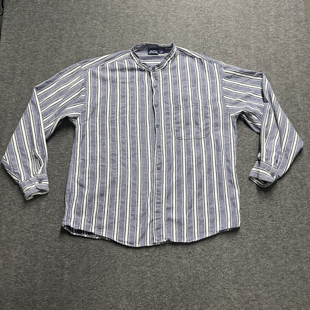 Bon Homme Button Down Vintage Shirt Men's Large Navy Stripes Grandad Made USA